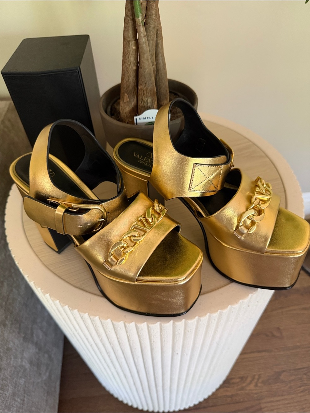 Valentino Garavani Metallic Gold Platform Chain-Trim Sandals